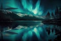 Beautiful northern lights reflecting in the water. Ai generative