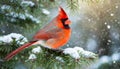 Beautiful northern male cardinal sitting on evergreen branch in winter Royalty Free Stock Photo