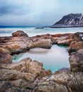 Beautiful Norway landscape of picturesque arctic beach in cold Norwegian Sea