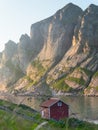 Traditional Norwegian cabin on Bunes beach