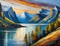 Norwegian fjord at sunset landscape oil painting