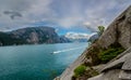 Beautiful Norwegian fjord panorama by the coast of Lysefjord, Norway Royalty Free Stock Photo