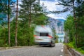 Beautiful Norwegian fjord panorama by the coast of Lysefjord, Norway - RV passing by on the road Royalty Free Stock Photo