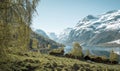 Norwegian landscape with old farm, lake and mountains