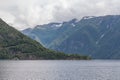 Beautiful Norwegian landscape. view of the fjords. Norway ideal fjord reflection in clear water. selective focus Royalty Free Stock Photo