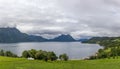 Beautiful Norwegian landscape. view of the fjords with turquoise water. Norway ideal fjord reflection in clear water. Panoramic Royalty Free Stock Photo