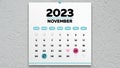 A beautiful November page of the calendar 2023 with the marked Black Friday and Cyber Monday dates on it Royalty Free Stock Photo