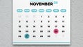 Close-up of a beautiful November page of the calendar 2023 with the marked Black Friday and Cyber Monday dates on it Royalty Free Stock Photo