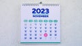 A beautiful November page of the wall calendar 2023 with the marked Black Friday date on it Royalty Free Stock Photo