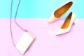 Beautiful Nude Ladies Leather Bag and Stylish High-Heels Shoes Isolated in Pastel Colored. Fashionable Women`s Accessories Flat Royalty Free Stock Photo