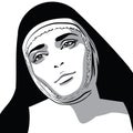 Beautiful nun woman portrait. Black and white style. Illustration. Royalty Free Stock Photo
