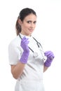 Beautiful nurse with a dna swab and latex globes