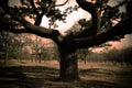 Beautiful oak with large twisted branches outdoors. Fantasy forest