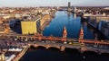 Beautiful Oberbaum Bridge over River Spree in Berlin from above - aerial view - CITY OF BERLIN, GERMANY - MARCH 11, 2021 Royalty Free Stock Photo