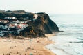 Beautiful Ocean Beach, Mountains And Small Town Landscape In Portugal