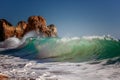 Beautiful ocean landscape, turquoise wave crashes on the shore on the Atlantic coast