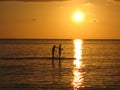 A beautiful tropical sunset over the ocean with paddle boarders