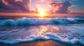 Beautiful ocean and sunset with a wave breaking on shore Royalty Free Stock Photo