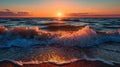 Beautiful ocean and sunset with a wave breaking on shore
