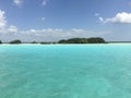 Beautiful ocean view with clean blue turquoise water, sunny day. Amazing background of island, Caribbean, Lagoon Bacalar. Calm Royalty Free Stock Photo