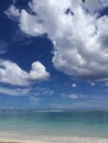 Beautiful ocean view with torquise water and dramatic clouds on sky