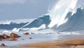 Beautiful ocean waves, Semi-abstract loosely painting, Stylized digital art painting