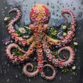 Beautiful octopus made of wildflowers in fantasy style. Colorful illustration of octopus monster in an original floral style with
