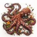 Beautiful octopus made of wildflowers in fantasy style. Colorful illustration of octopus monster in an original floral style with
