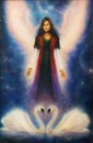 A beautiful oil painting on canvas of an angel woman with radian