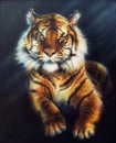 A beautiful oil painting on canvas of a mighty tiger looking up, multicolor Illustration