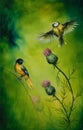 Beautiful oil painting on canvas of a pair of songbirds flatteri multicolor Illustration