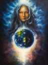 spiritual Illustration, Beautiful oil painting on canvas of a woman goddess in space, eye contact