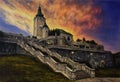 Beautiful oil painting of a church, staircase and old castle walls on canvas Royalty Free Stock Photo