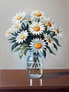 Beautiful oil painting of daisies in a water vase.