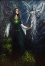 beautiful oil painting of a mystical woman in historical dress having a visionary encounter with her guardian angel in a temple of