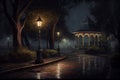 Beautiful old alcove in the city park in the rays of moonlight and lights on. AI generated