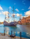 Beautiful panorama of Old Town in Gdansk with sailship and Baltic Philharmony