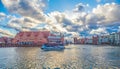 Beautiful panorama of Old Town in Gdansk with panorama of Motlawa Canal and Baltic Philharmony