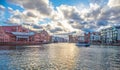 Beautiful panorama of Old Town in Gdansk with panorama of Motlawa Canal and Baltic Philharmony