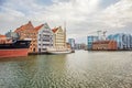 Beautiful panorama of Old Town in Gdansk with Motlawa Canal and old ships Royalty Free Stock Photo