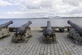 Beautiful old cannons of maritime museum at tallinn coast with baltic sea Royalty Free Stock Photo