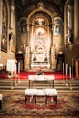 Beautiful old church with arches with drawings on the walls, Slovakia, wedding ceremony