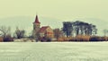 Beautiful old church of St. Linhart. Catholic temple village of Musov - Pasohlavky, Czech Republic. Photo of landscape with sunset