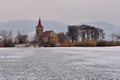 Beautiful old church of St. Linhart. Catholic temple village of Musov - Pasohlavky, Czech Republic. Photo of winter landscape