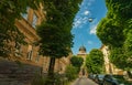 Beautiful old city street without people here because of pandemic conditions summer clear weather day time walk site with green Royalty Free Stock Photo