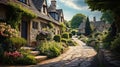 Beautiful old English street with stone made cottages and flower gardens Royalty Free Stock Photo