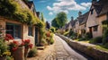 Beautiful old English street with stone made cottages and flower gardens Royalty Free Stock Photo