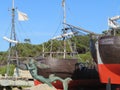 Beautiful old galleons wooden sailboats port pirates Royalty Free Stock Photo