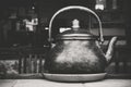 An old kettle on display decorating an old house Royalty Free Stock Photo