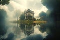 Beautiful old mansion on the lake. Two-storey residential building with neglected garden stands on pond in autumn. Generative AI Royalty Free Stock Photo